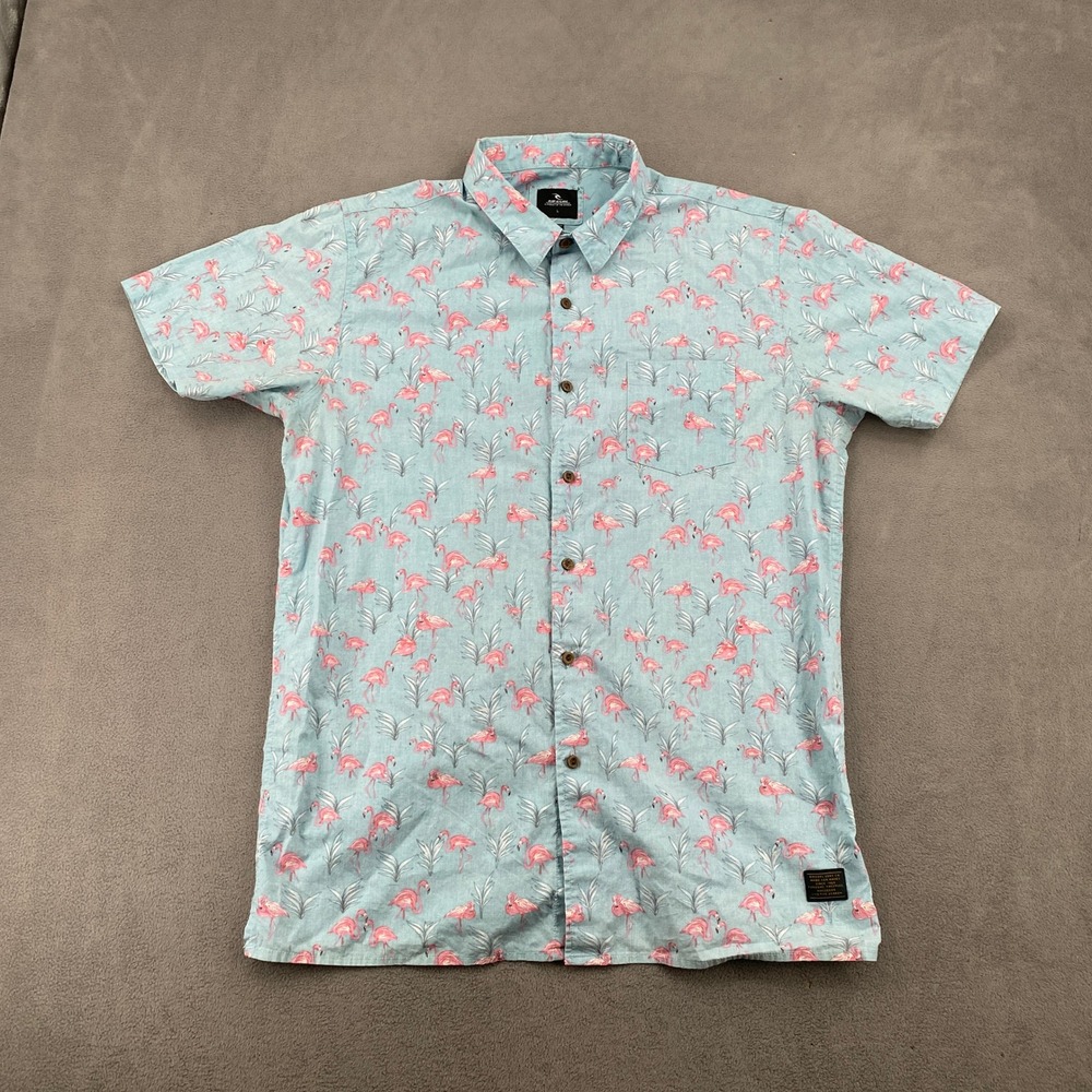 Rip Curl Mens Flamingo Print Button Down Shirt Blue Pink CSHEZ7 Large